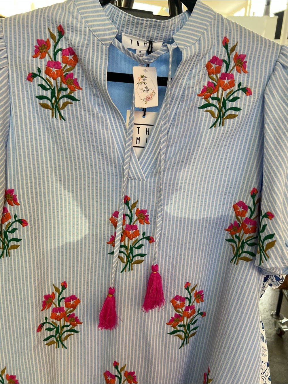 THML Light Blue Striped Mini Dress with Pink Floral Embroidery and Tassels - Picture 4 of 5